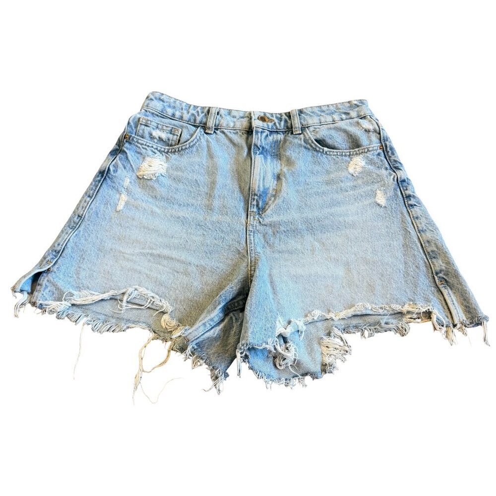 Zara High Waisted Cut-Off Denim Shorts Distressed Light Wash Size 8 Women's